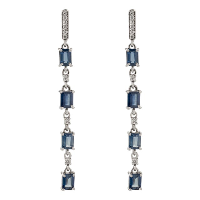 Contemporary 14k Gold Linear 1.78Ct Sapphire Drop Earrings With Diamonds- 2 Pieces For Sale