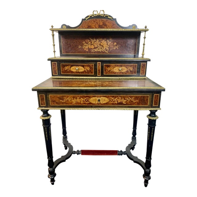 Antique Desk Inlaid Marquetry Paris Signed Lock Rare For Sale