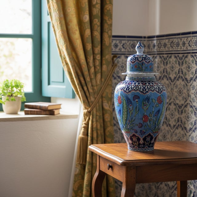 2020s Handmade Ceramic Grand Shah Jar (60cm) Azure Blue Background Red Tulips Temple Jar For Sale - Image 5 of 7