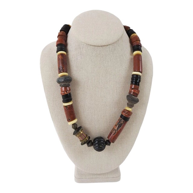 1990's one of a kind atist studio made beaded necklace using bauxite, cow horn, antique pottery spindle whorls, glass...