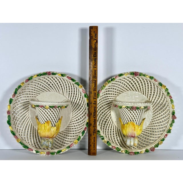 Italian Porcelain Wall Pocket Pair: Woven Basketweave Floral Sconces For Sale - Image 10 of 10