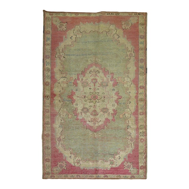 Antique Green Pink Turkish Ghiordes Rug - 3'9" x 5'5" For Sale