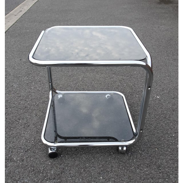 Vintage Italian Chrome and Smoked Glass Rolling Side Table, 1970s For Sale - Image 4 of 15