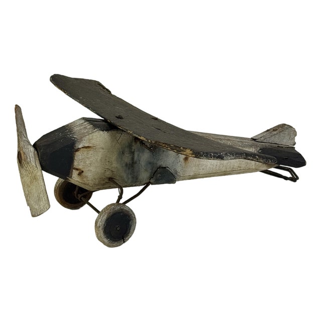 Vintage Primitive Folk Art Handmade Wooden Propeller Airplane, Home Accent Decor For Sale