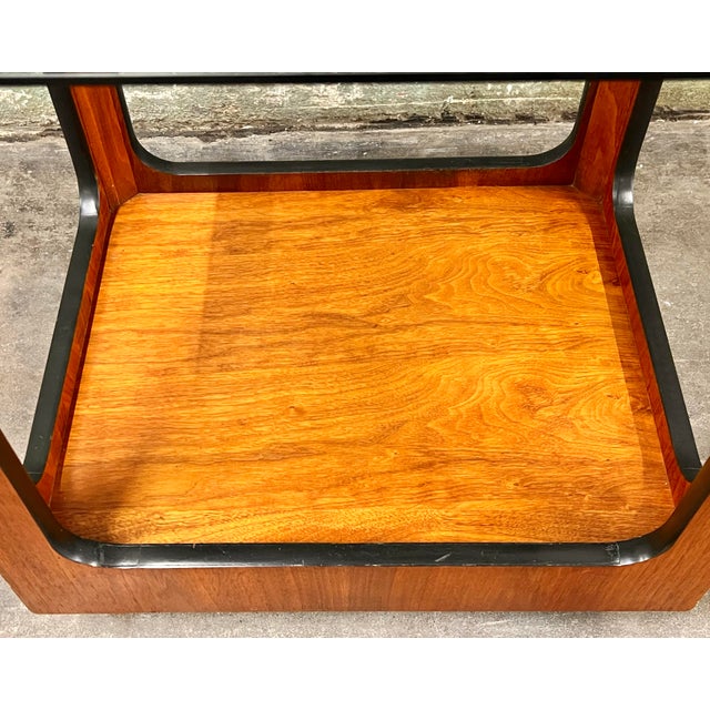 Brown 1960s Lane MCM Narrow Wood Open Display Case/Etagere W/Adjustable Smoked Glass Shelves For Sale - Image 8 of 12