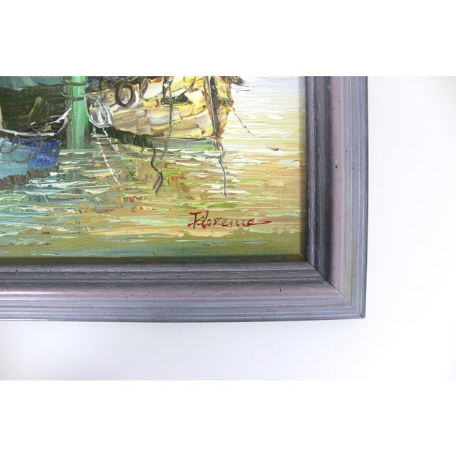 Mid-Century Modern Signed Vintage Oil Painting, Marina Sailboats, Mid-Century Nautical Art For Sale - Image 3 of 9