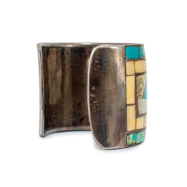 Vintage Neiman Marcus 925 Turquoise Mother of Pearl Abalone Shell Cuff Bracelet For Sale In Houston - Image 6 of 8