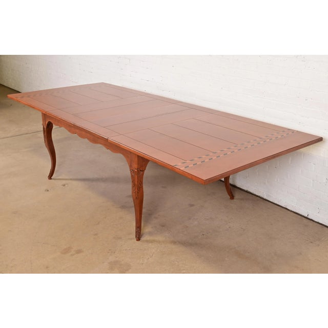 Brown Baker Furniture Italian Provincial Inlaid Cherry Wood Harvest Farm Table, Newly Refinished For Sale - Image 8 of 15