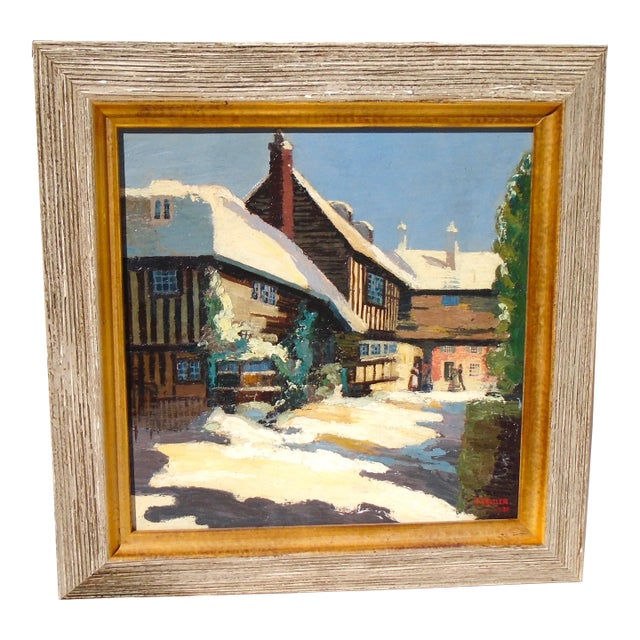 "Snow at the Coaching Inn - 1930", Original Oil Painting on Wooden Panel For Sale