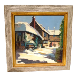 "Snow at the Coaching Inn - 1930", Original Oil Painting on Wooden Panel