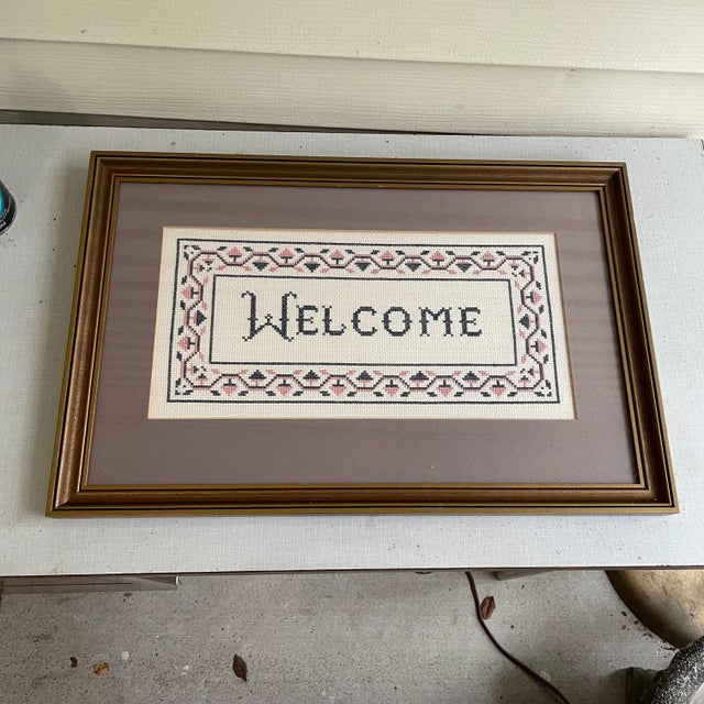 Vintage Handcrafted Cross Stitch Framed Welcome Sign For Sale - Image 4 of 4