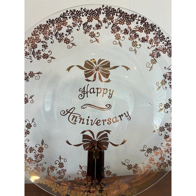 Mid 20th Century Vintage “Happy Anniversary” Gold Floral Glass Plate and Goblet Set For Sale - Image 5 of 9