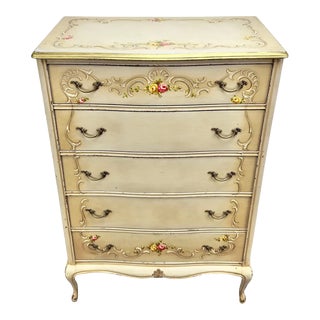 French Provincial Style Highboy Chest of Drawers or Dresser With Floral Design For Sale