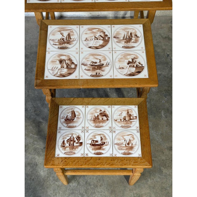 Oak Ceramic Tile-Top Nesting Tables Set of 3 Brown Scenic Windmill Motif Vintage For Sale - Image 10 of 11