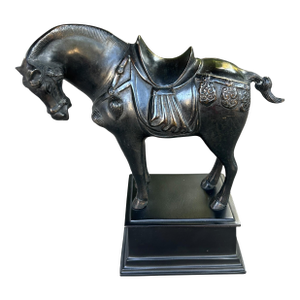 Vintage Tang Dynasty Style Ebonized Bronze War House Statue