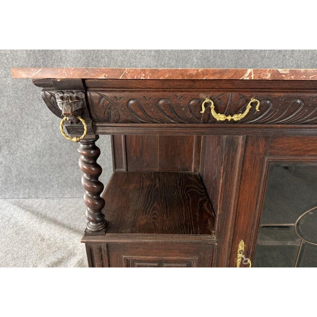 19th Century Marble Top Continental Oak Buffet With Leaded Glass Door For Sale - Image 11 of 18