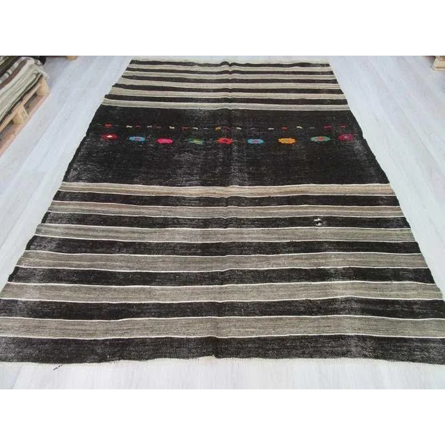 Traditional Handwoven Vintage Black & Grey Striped Kilim Rug For Sale - Image 3 of 6