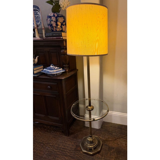 Mid 20th Century Mid-Century Modern Brass and Glass Tray Table Floor Lamp With Original Shade For Sale In Dallas - Image 6 of 13
