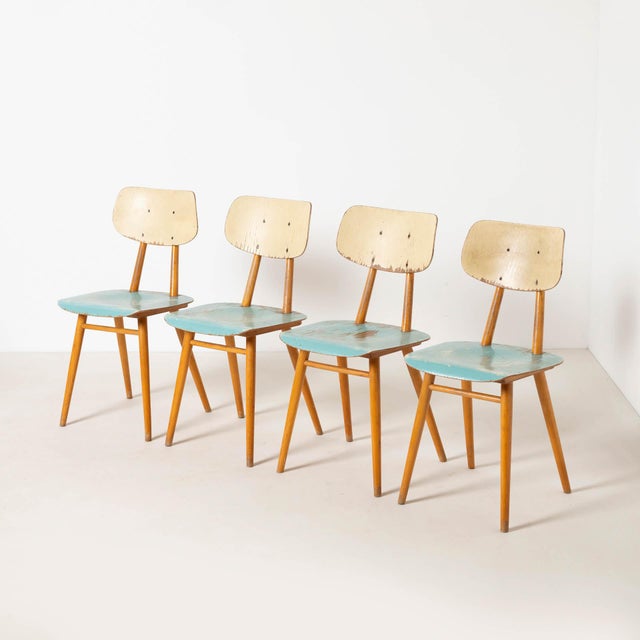 Mid-Century Modern Dining Chairs in Blue Painted Plywood, Czechoslovakia, 1960s, Set of 4 For Sale - Image 10 of 10