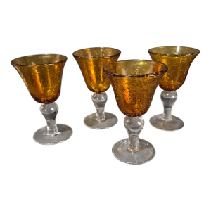 Vintage Set of Four Amber Hand Blown Art Glass Controlled Bubble Goblets