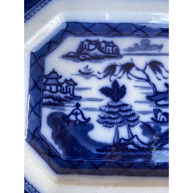 Late 19th Century Antique 15"x11" England Staffordshire Octagonal Dark Flow Blue Ironstone Platter For Sale - Image 5 of 9