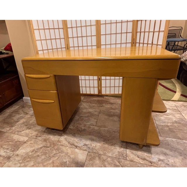 Rare opportunity to acquire an authentic 1960s Heywood-Wakefield bookcase writing desk with three matching captain's...