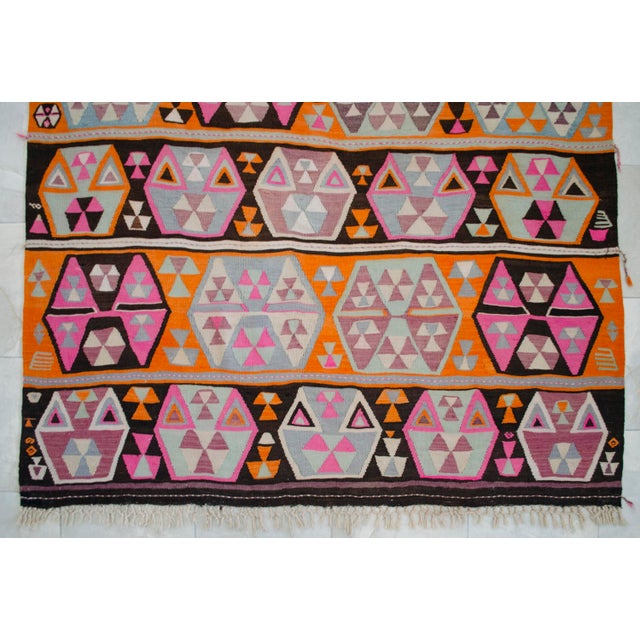 Vibrant Turkish Kilim Rug, 1966 Dated Vintage Tribal Rug, Pink and Orange Geometric Flatweave 6x8 Ft Approx For Sale - Image 10 of 18