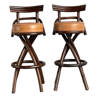 Vintage Boho Bent Rattan Bar Stools - A Pair For Sale