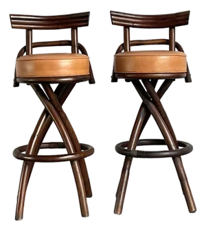 Vintage Boho Bent Rattan Bar Stools - A Pair