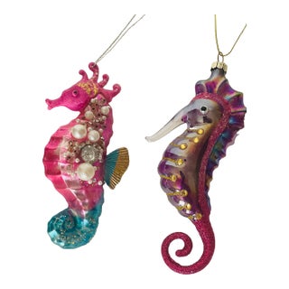 1970s Old World Christmas Ornaments 2 Sea Horses Handblown Glass For Sale