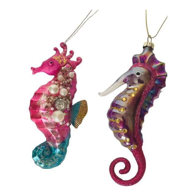 1970s Old World Christmas Ornaments 2 Sea Horses Handblown Glass For Sale