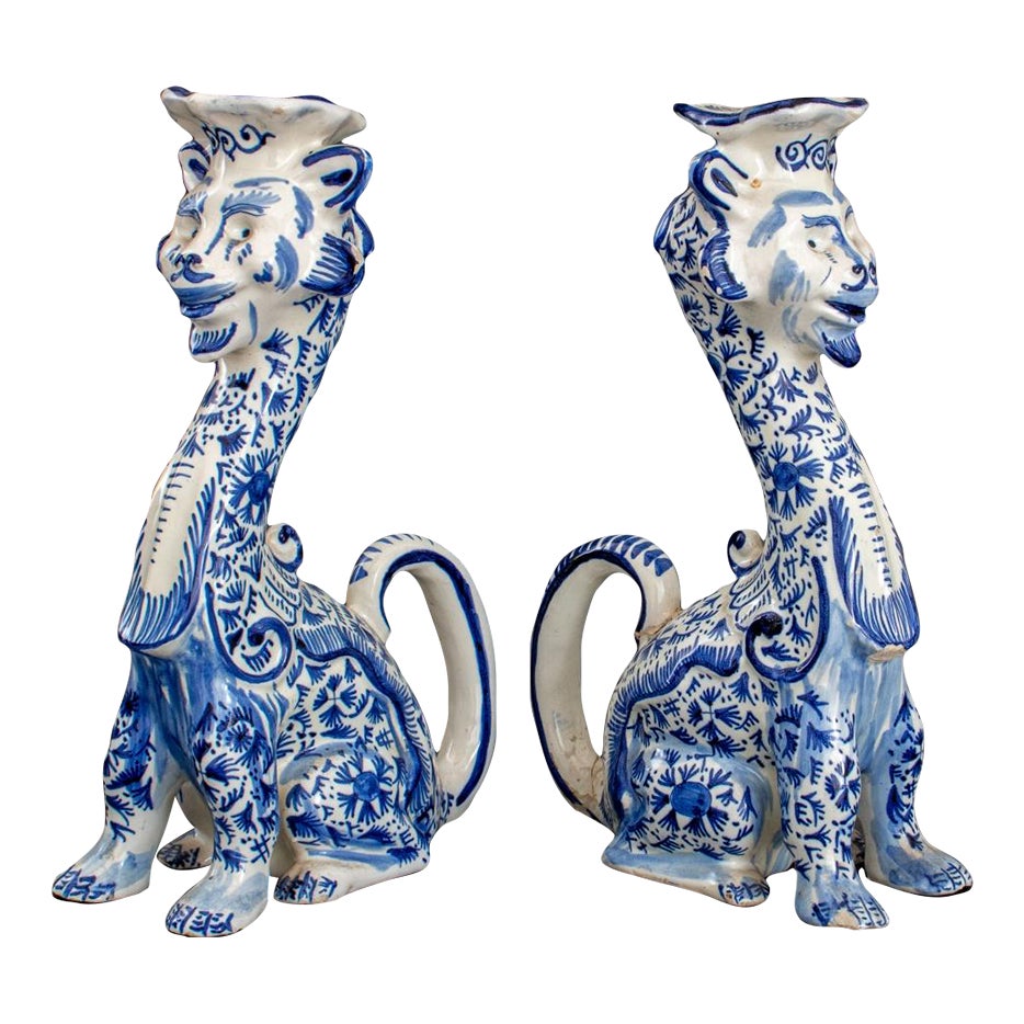 Pair of Delft Manner Lion Form Candlesticks | Chairish