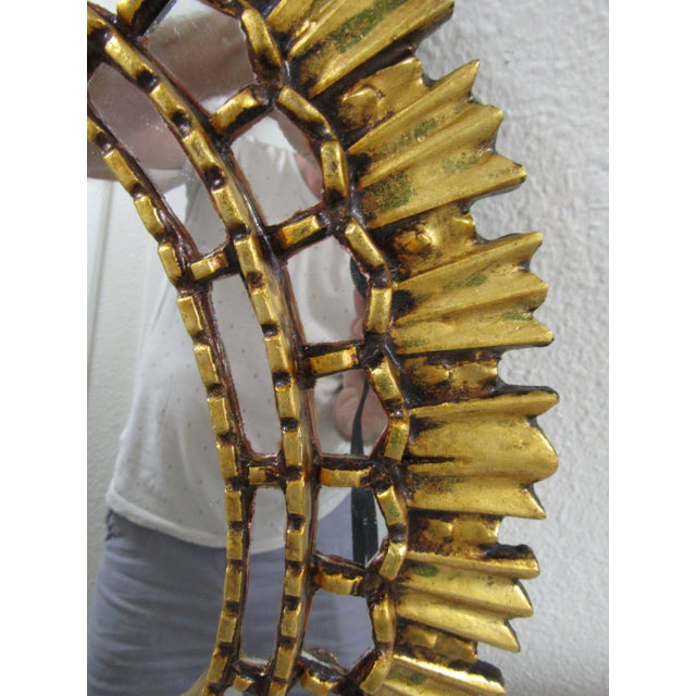 Wood 1990s Peruvian Artisan Hand Crafted Gold Oval Wood Wall Mirror For Sale - Image 7 of 9