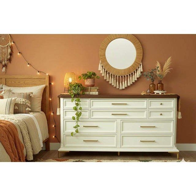 Bassett 1970s Off White / Cream 10 Drawer Bassett Dresser With Champagne Gold Hardware. For Sale - Image 4 of 14