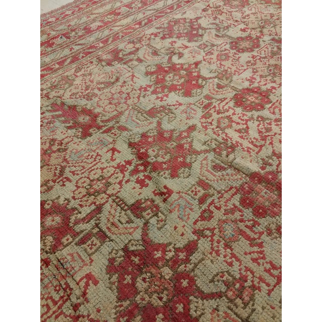 Brown Antique Oushak Carpet, Handmade Oriental Rug, Pale Light Blue, Coral, Raspberry For Sale - Image 8 of 15