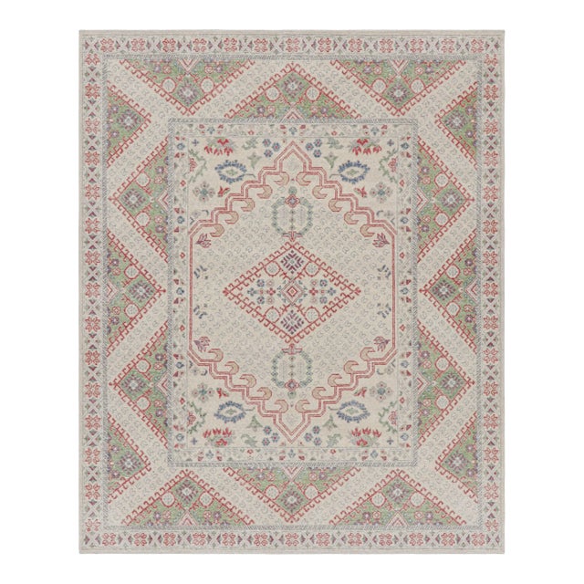 Rug & Kilim’s Distressed Ghiordes Style Rug in Cream, Green, and Red With Medallion For Sale