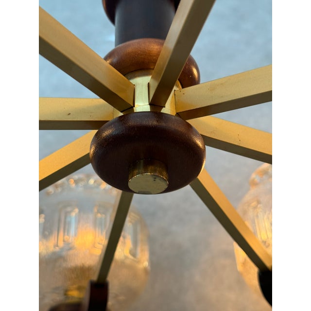 Vintage 8-Arm Chandelier with Textured Glass Shades and Wooden Elements, 1970s For Sale - Image 9 of 12