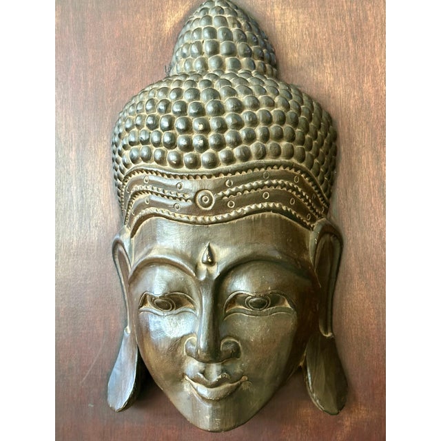 Large Buddha Head Wood Carving Sculpture Wall Art For Sale - Image 15 of 18