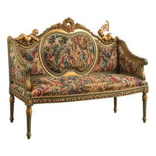 French-Style Settee Sofa – Floral Damask Upholstery With Gold Leaf Frame & Cherub Details For Sale