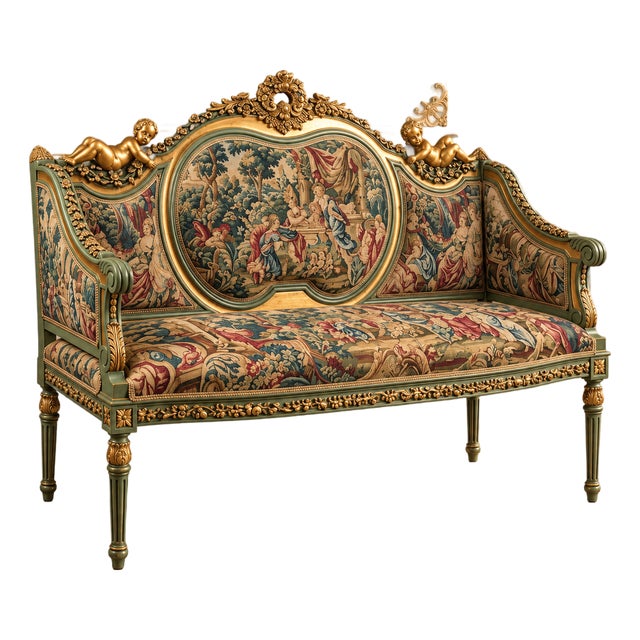 French-Style Settee Sofa – Floral Damask Upholstery With Gold Leaf Frame & Cherub Details For Sale