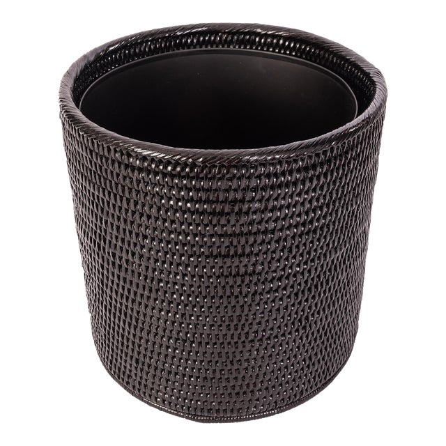 Artifacts Rattan Round Waste Basket with Metal Liner For Sale