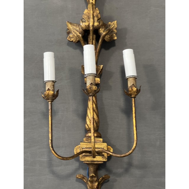 Gold Wooden Floral 3-Arm Wall Light, 1920s For Sale - Image 8 of 11