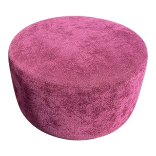 Vintage Custom Berry Chenille Round Ottoman With Caster Wheels For Sale