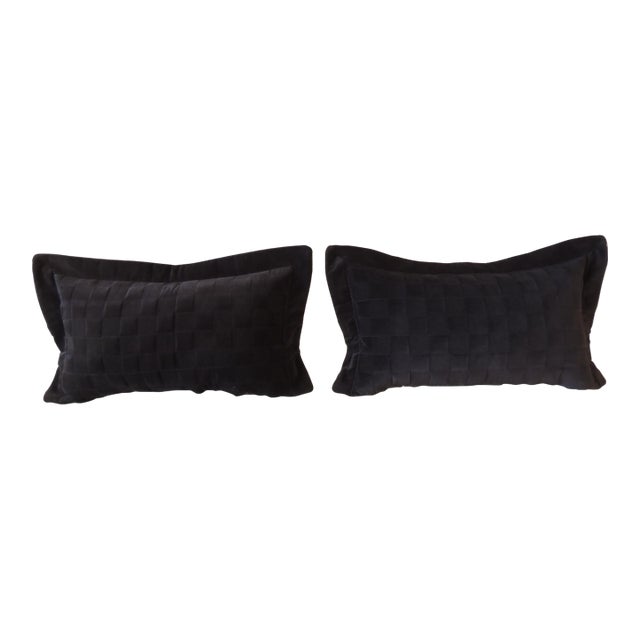 Black Check-Pattern Velvet Decorative Lumbar Pillows From Portugal - Set of 2 For Sale