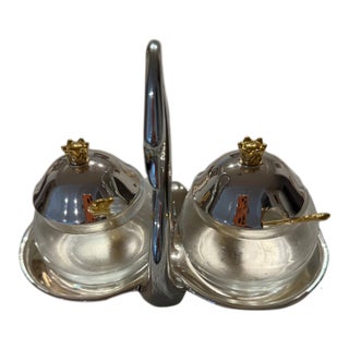 Vintage Silver & Frosted Glass Salt & Pepper Cellar Set With Gold Crown Finials & Spoons - 4 pcs For Sale