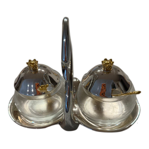 Vintage Silver & Frosted Glass Salt & Pepper Cellar Set With Gold Crown Finials & Spoons - 4 pcs