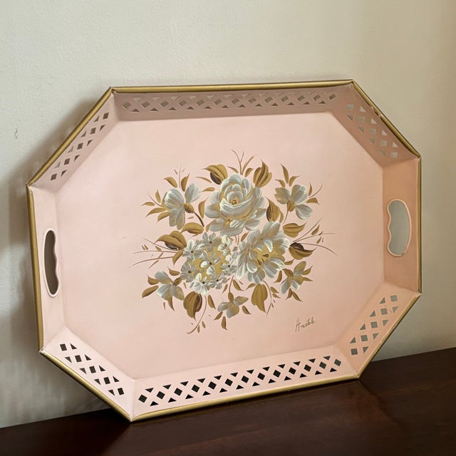 Traditional Mid-20th Century Hand Painted Pink Tole Serving Tray For Sale - Image 3 of 10