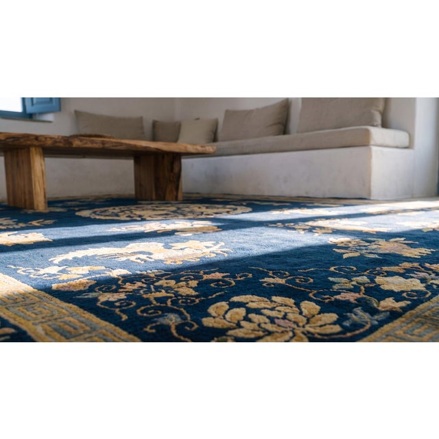 1920s Navy Blue Floral Vase Antique Chinese Art Deco Rug 8' 9'' X 11' 6'' Wool Knotted Carpet For Sale - Image 13 of 15