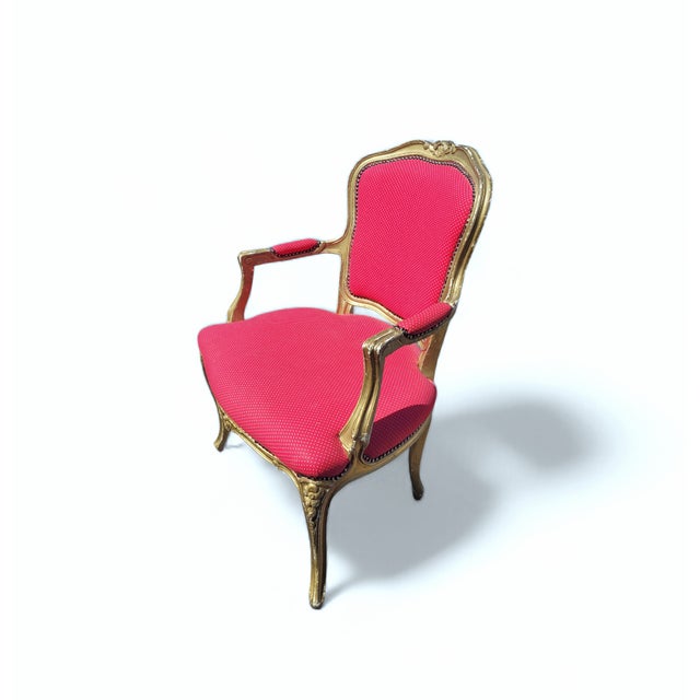 Textile Vintage French Louis XV Style Giltwood Armchair with Rococo Carved Frame and Nailhead Trim, 1940s For Sale - Image 7 of 17