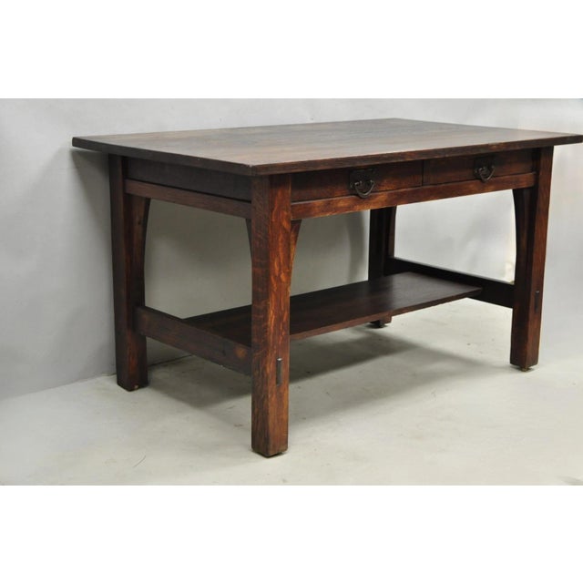 Antique Gustav Stickley Arts & Crafts Mission Oak Two Drawer Library Table Desk. Item features original cast iron...